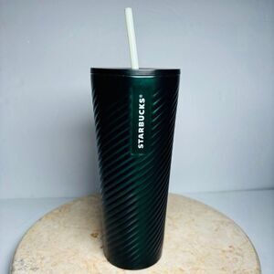 2022 Starbucks Christmas Metallic Dark Green 'Forest Textured' Spiral SS Tumbler